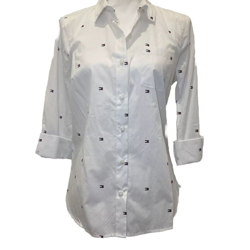 TOMMY HILFIGER Logo Women's White Collared Roll-Tab Button-Up Shirt Top Size S